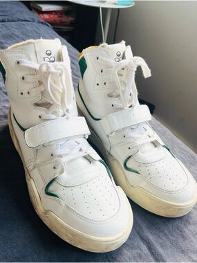 Isabel Marant White High-Top Sneakers with Yellow & Green Trim